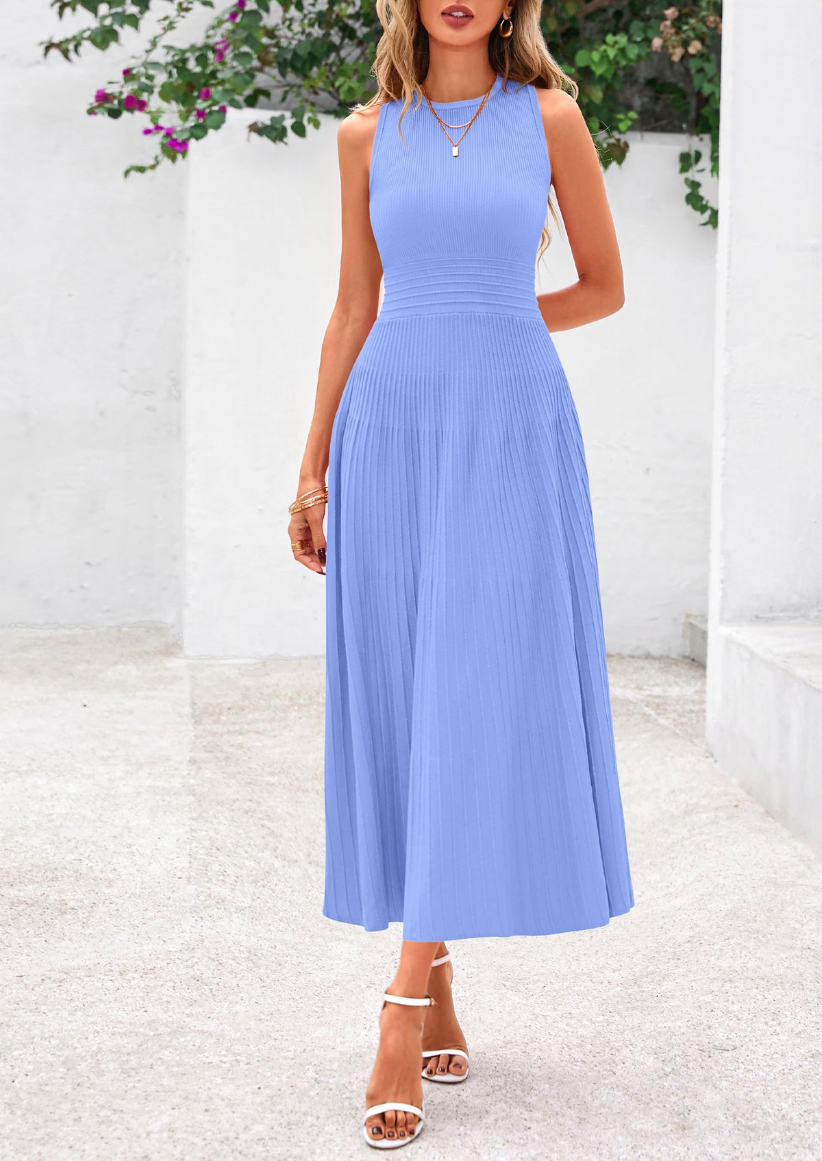 Sleeveless Crew Neck Knit A Line Pleated Swing Wedding Guest Casual Midi Dresses