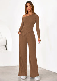 PRETTYGARDEN Casual Two Piece Sets for Women Fall Outfits Asymmetrical Off Shoulder Tops Wide Leg Pants Knit Lounge Set