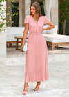 PRETTYGARDEN Women's Maxi Dresses Summer Trendy Cap Short Sleeve Button V Neck Casual Flowy Pleated Long Dress