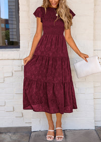 Floral  Summer Cap Sleeve Smocked Ruffle A Line Long Flowy Wedding Guest Midi Dresses