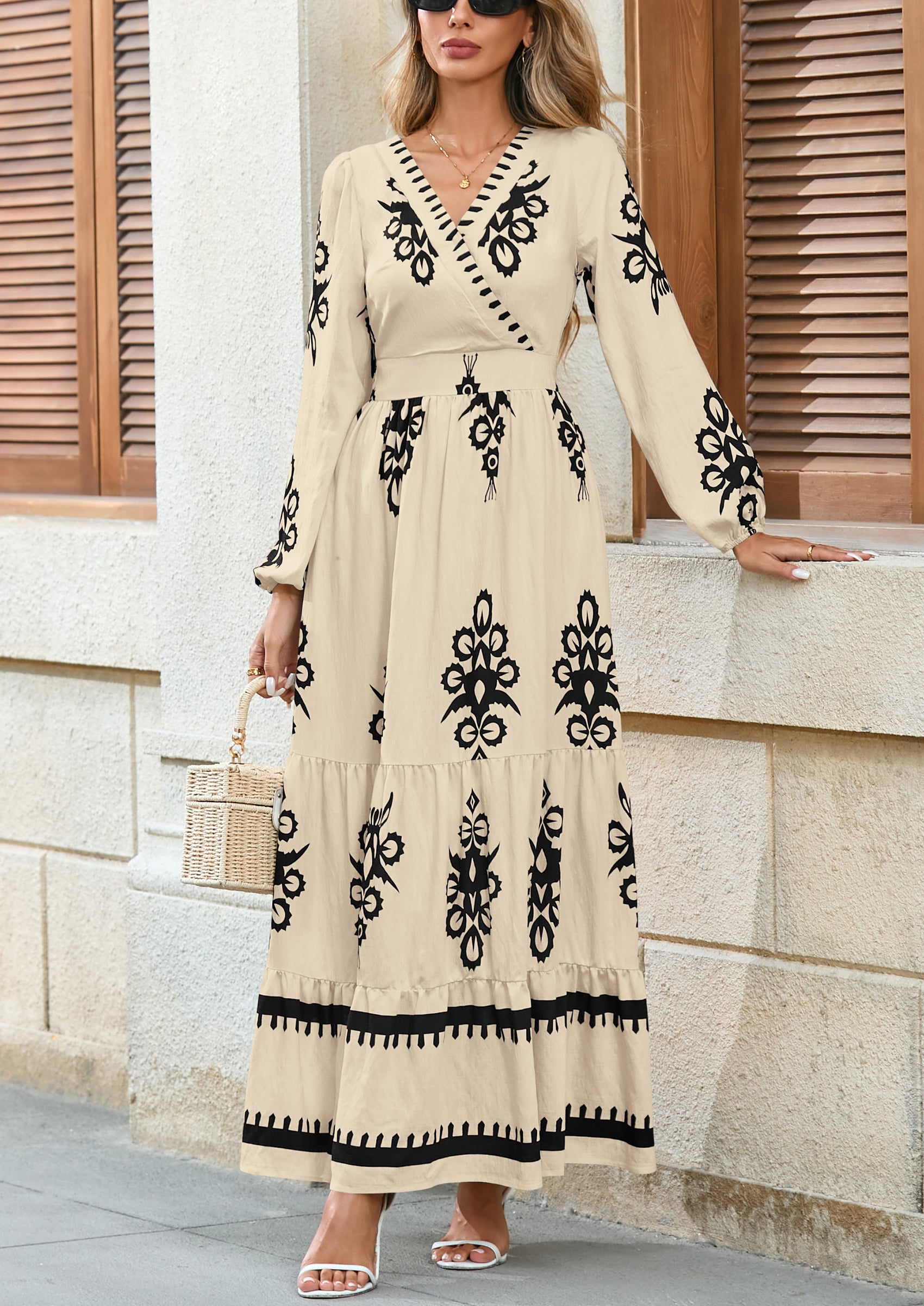 PRETTYGARDEN Women's Fall Wedding Guest Dresses Boho Floral Long Sleeve V Neck Flowy Elegant Maxi Dress Beach Clothes