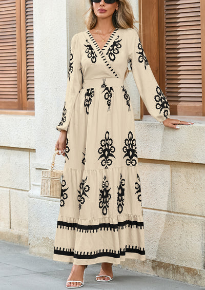 PRETTYGARDEN Women's Fall Wedding Guest Dresses Boho Floral Long Sleeve V Neck Flowy Elegant Maxi Dress Beach Clothes