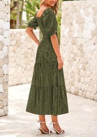 Casual Square Neck Short Sleeve Smocked A Line Floral Flowy Elegant Boho Midi Dresses