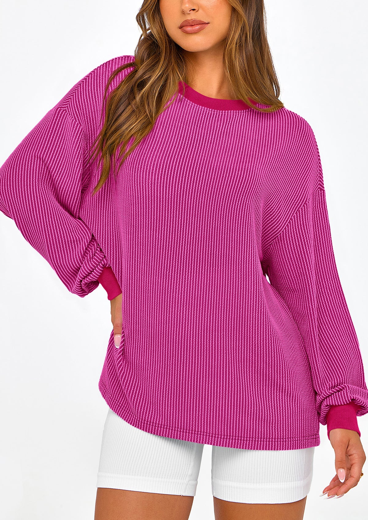 Long Sleeve Casual Loose Crew Neck Ribbed Blouse