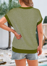Short Sleeve Round Neck Striped Pullover Cap Sleeve Knit T-shirt