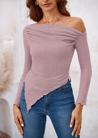 Long Sleeve Y2K Crop Top Off Shoulder Asymmetrical Fitted Knit Blouses