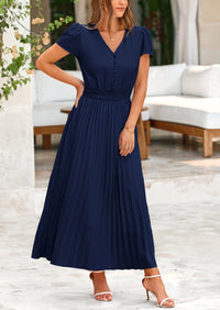 Casual Button V Neck Ruffle Cap Sleeve Long Flowy Pleated Maxi Dresses