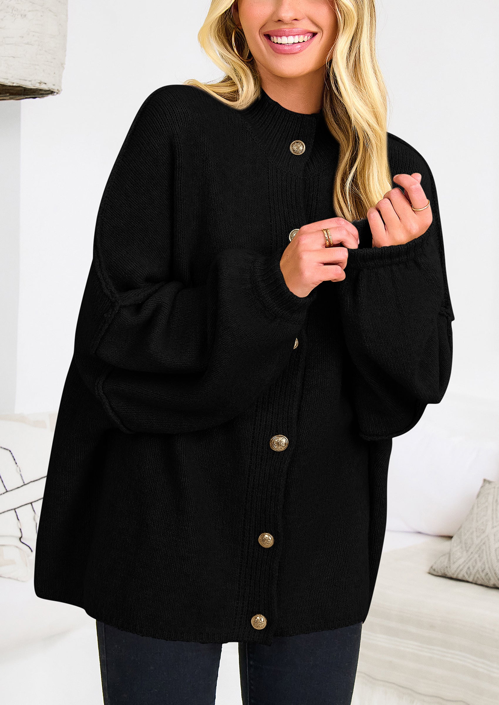 PRETTYGARDEN Women's Winter Button Down Cardigan Sweaters Mock Neck Lantern Long Sleeve Chunky Knit Jacket Trendy Outerwear