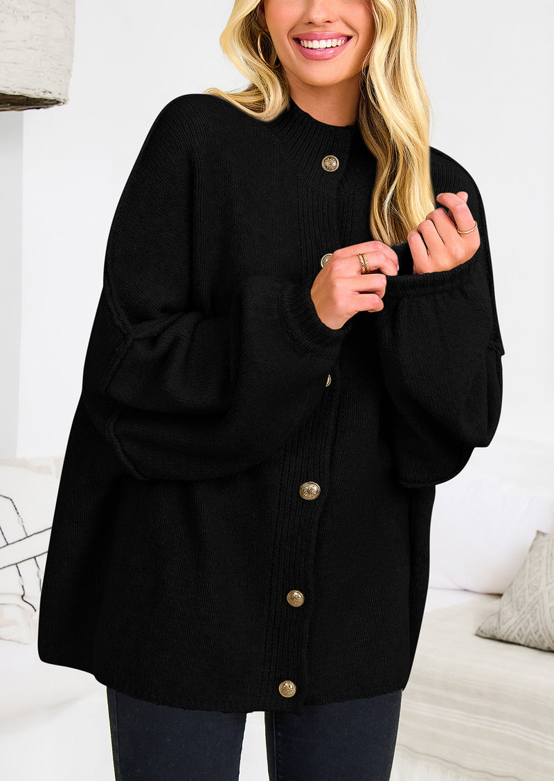 PRETTYGARDEN Women's Winter Button Down Cardigan Sweaters Mock Neck Lantern Long Sleeve Chunky Knit Jacket Trendy Outerwear