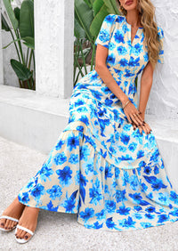 Boho Floral Short Sleeve V Neck A Line Tiered Ruffle Flowy Long Beach Vacation Maxi Dresses