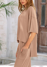 Short Sleeve Pullover Tops And Wide Leg Pants Two Piece Sets