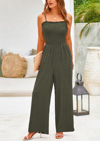 Linen Smocked Spaghetti Strap Pockets Wide Leg Jumpsuits