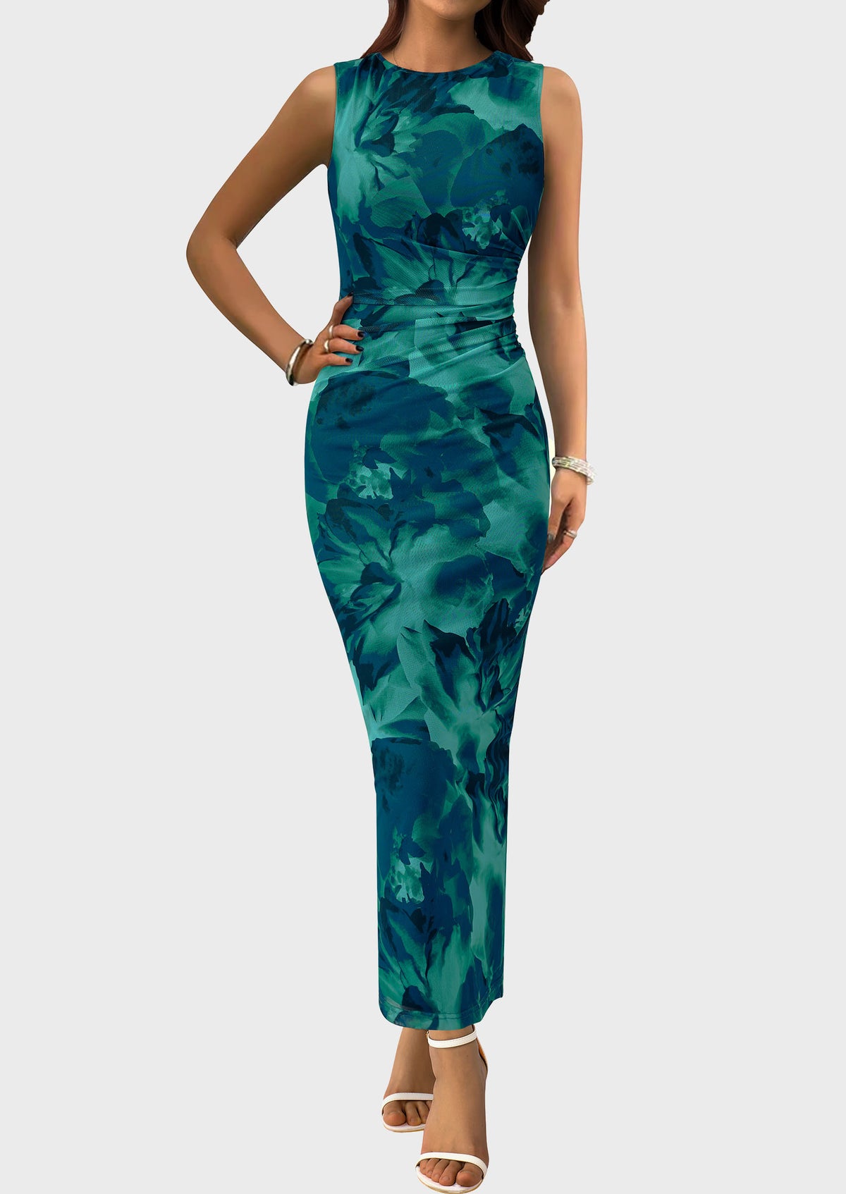 Floral Bodycon Sleeveless Mesh Maxi Long Dresses