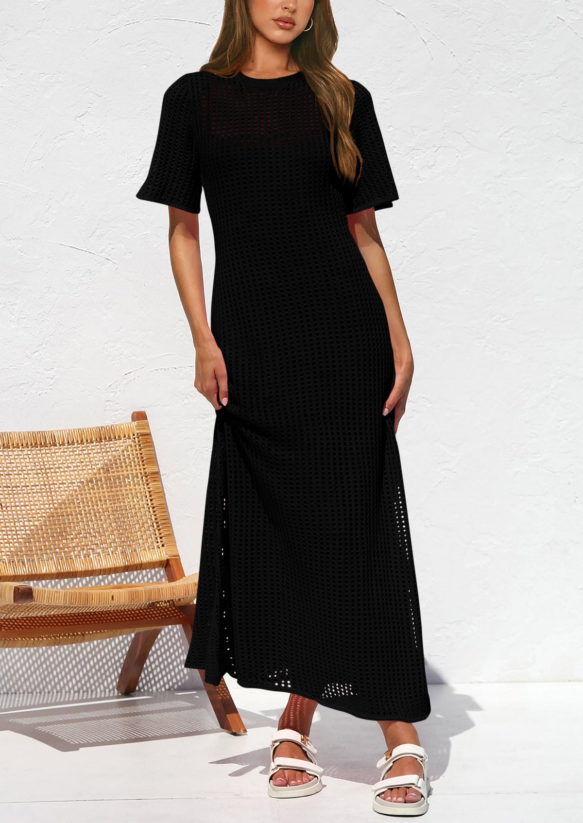 Eyelet Beach Vacation Resort Short Sleeve Hollow Out Dress Cover Up Maxi Dresses