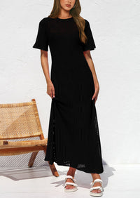Eyelet Beach Vacation Resort Short Sleeve Hollow Out Dress Cover Up Maxi Dresses