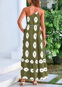 One Shoulder Spaghetti Strap Printed A Line Flowy Boho Maxi Long Sundress