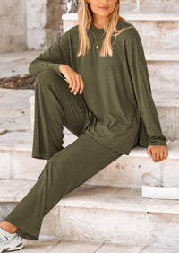 Long Sleeve High Low Tops T-Shirts Wide Leg Pants Two Piece Sets
