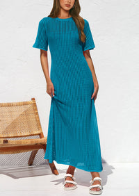 Eyelet Beach Vacation Resort Short Sleeve Hollow Out Dress Cover Up Maxi Dresses
