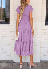 Floral  Summer Cap Sleeve Smocked Ruffle A Line Long Flowy Wedding Guest Midi Dresses