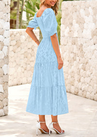Casual Square Neck Short Sleeve Smocked A Line Floral Flowy Elegant Boho Midi Dresses