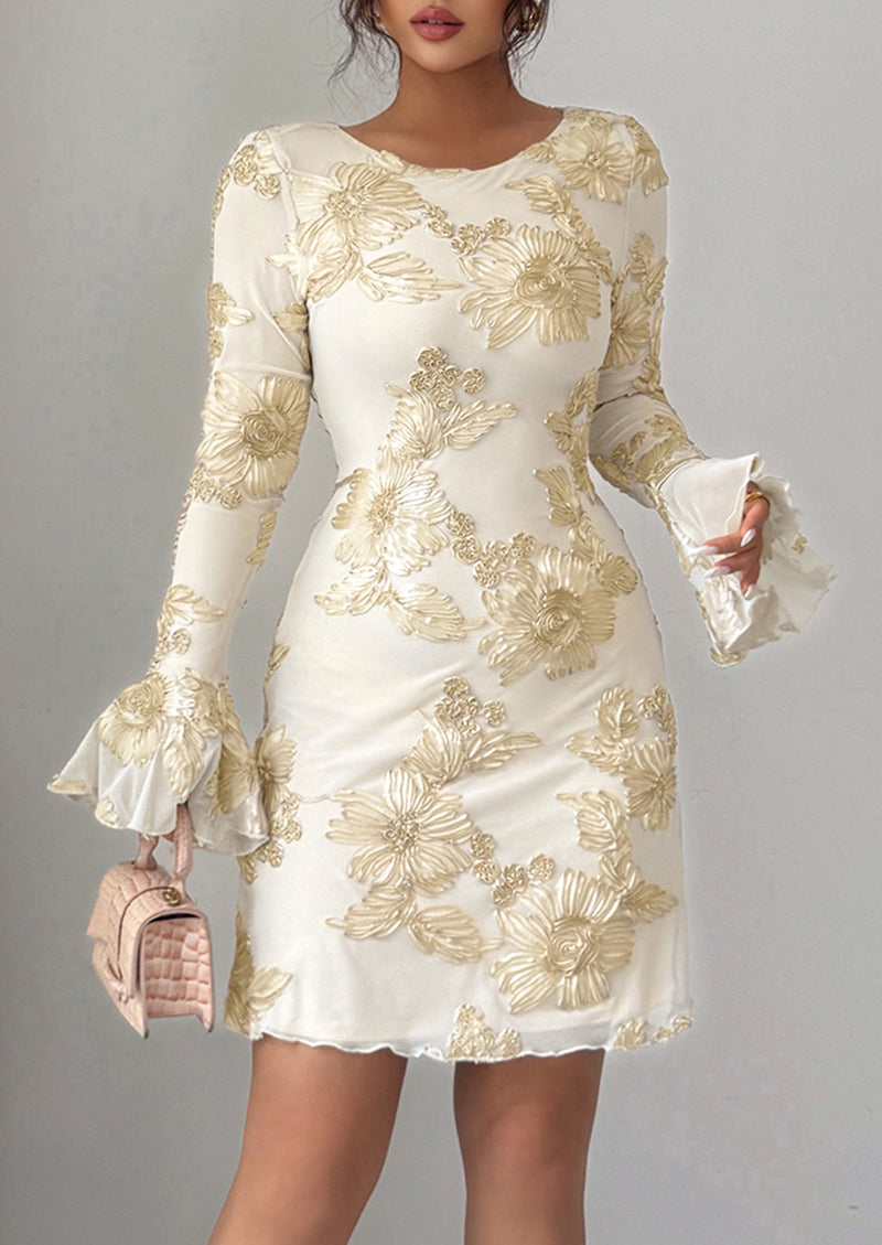 PRETTYGARDEN Women's Floral Embroidered Dress Fall Long Bell Sleeve Ribbon Flower Mini Short Mesh Bodycon Party Dresses