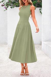 Sleeveless Crew Neck Knit A Line Pleated Swing Wedding Guest Casual Midi Dresses