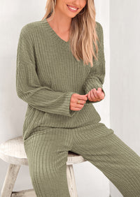 Knitted Long Sleeved V-Neck Pullover, Wide Leg Long Pants Two-Piece Set