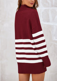 Striped Turtleneck Long Sleeve Loose Fit Chunky Knit Casual Mini Sweater Dresses