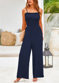 Linen Smocked Spaghetti Strap Pockets Wide Leg Jumpsuits