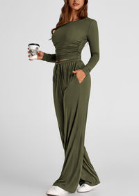 Long Sleeve Crop Tee Wide Leg Pants Two Piece Sets