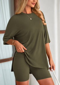 Casual Short Sleeved Round Neck Top Paired With Shorts Two-Piece Set