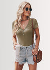 PRETTYGARDEN Women's Summer Casual Henley T-Shirts Short Sleeve V Neck Button Up Ribbed Knit Slim Fit Basic Tops