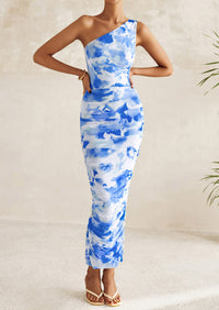 One Shoulder Bodycon Printed Ruched Mesh Party Cocktail Fitted Long Dress