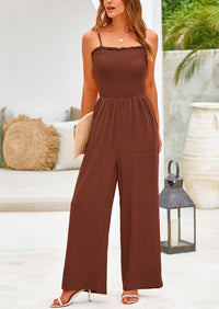 Linen Smocked Spaghetti Strap Pockets Wide Leg Jumpsuits