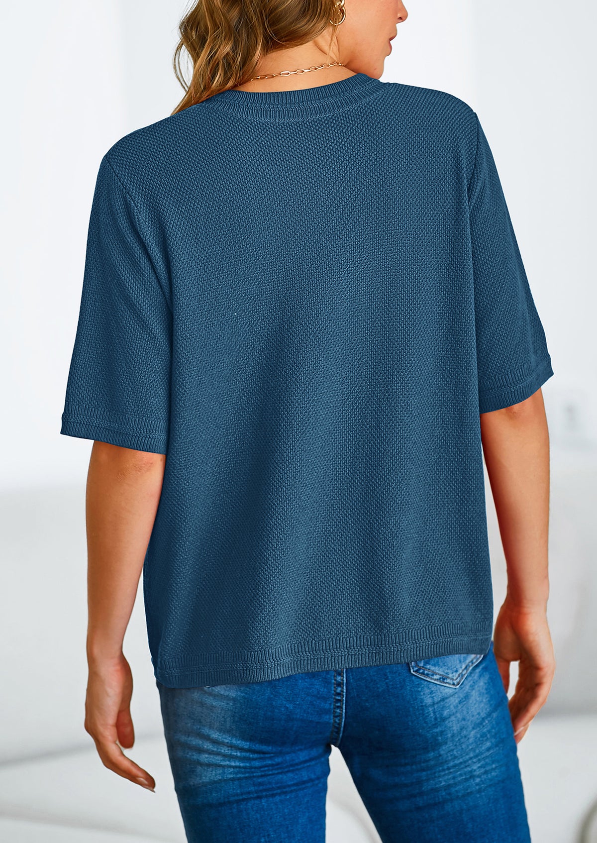 Button Down Casual Short Sleeve Crew Neck Ribbed Knit Shirts