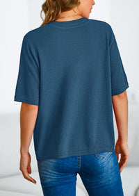Button Down Casual Short Sleeve Crew Neck Ribbed Knit Shirts