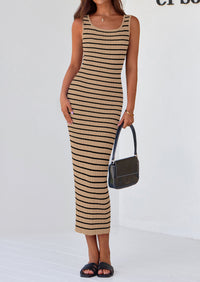 Casual Sleeveless Striped Ribbed Knit Beach Vacation Sundress Tank Midi Dress