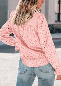 Puff Long Sleeve Button V Neck Hollow Out Lace Embroidered Casual Pullover Blouses