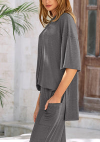 Casual Slit Short Sleeved Top, Loose Wide Leg Pants Two-Piece Set