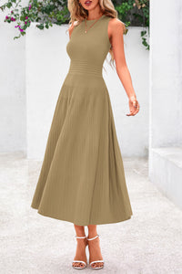 Sleeveless Crew Neck Knit A Line Pleated Swing Wedding Guest Casual Midi Dresses