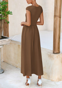 Casual Cap Sleeve Patchwork A Line Flowy Elegant Homecoming Maxi Dress