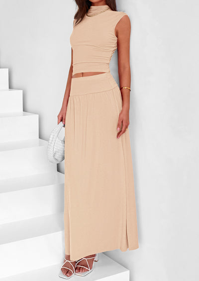 PRETTYGARDEN Skirt Sets Ruched Tank Tops Ruffle Maxi Skirts Wedding Guest Matching 2 Piece Outfits