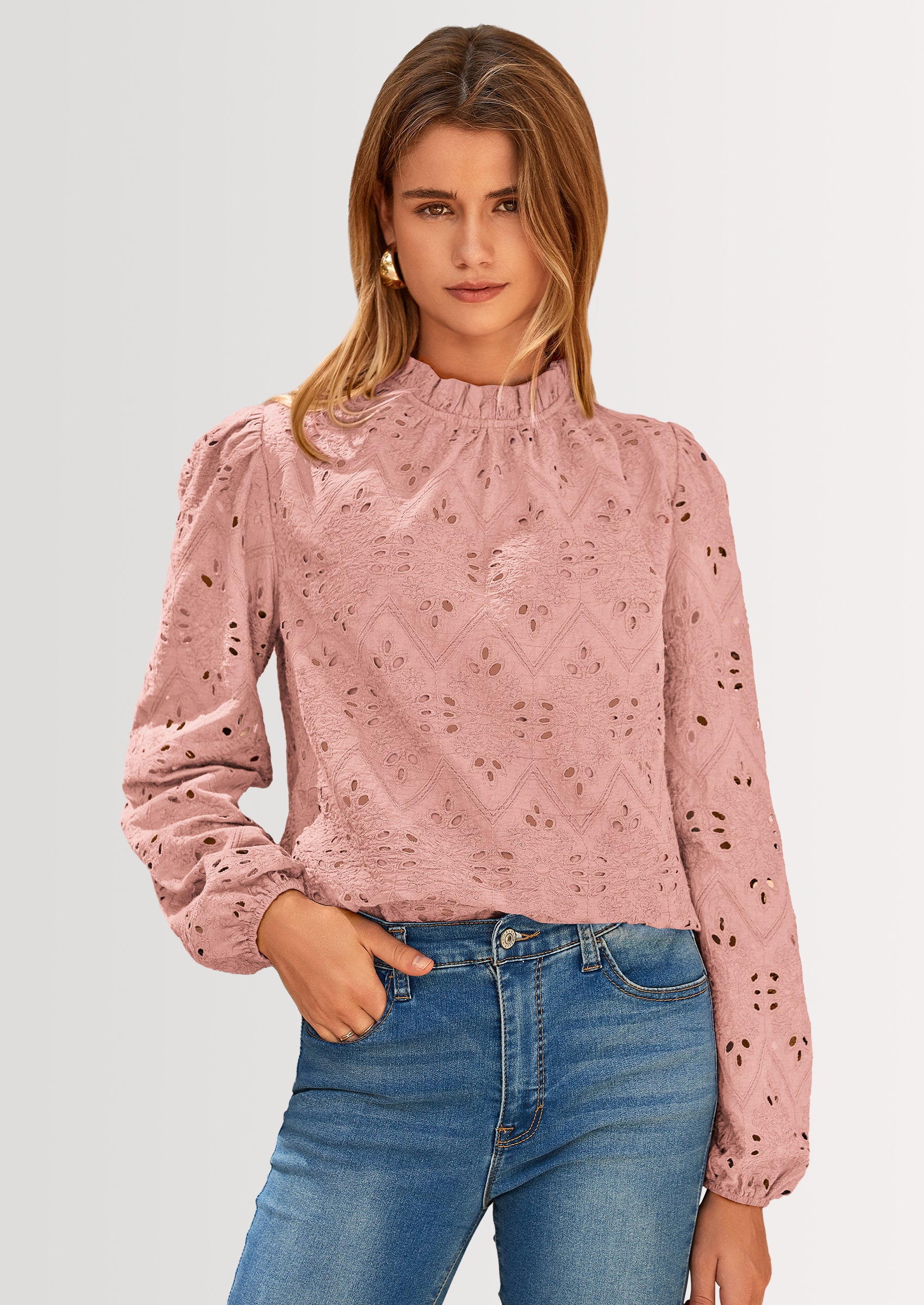 PRETTYGARDEN Womens Tops Dressy Casual Spring Long Sleeve Shirts Embroidered Eyelet Blouses Going Out Outfits