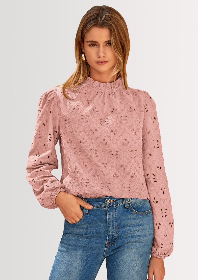 PRETTYGARDEN Womens Tops Dressy Casual Spring Long Sleeve Shirts Embroidered Eyelet Blouses Going Out Outfits