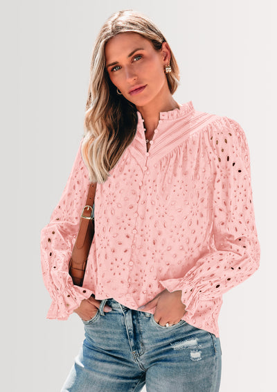 PRETTYGARDEN Women's Dressy Casual Blouse Tops Fall Spring Puff Long Sleeve Button V Neck Hollow Out Lace Embroidered Shirts