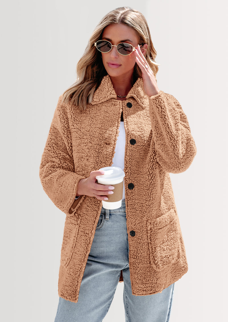 PRETTYGARDEN Women's Winter Faux Fur Coats Long Sleeve Lapel Button Down Pockets Fleece Sherpa Jacket Casual Trendy Outerwear