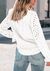 Puff Long Sleeve Button V Neck Hollow Out Lace Embroidered Casual Pullover Blouses