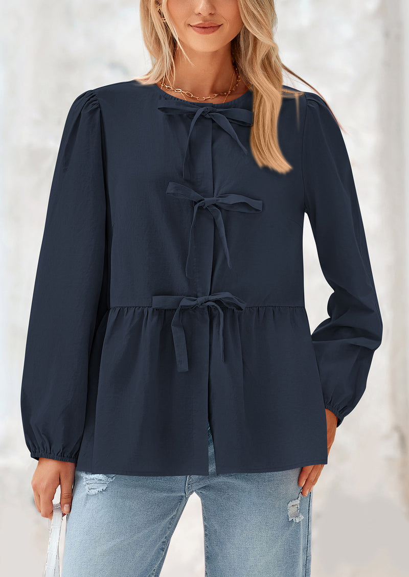 PRETTYGARDEN Women's Spring Fall Babydoll Peplum Blouse Shirt Puff Long Sleeve Bow Tie Front Trendy Cute Y2K Going Out Tops