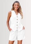 PRETTYGARDEN Women's Summer 2 Piece Outfits Sleeveless Matching Sets Button Down V Neck Vest Waistcoat and Pockets Shorts