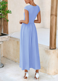 Casual Cap Sleeve Patchwork A Line Flowy Elegant Homecoming Maxi Dress